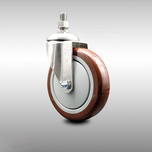 Service Caster 5 Inch 316SS Maroon Polyurethane Wheel Swivel 1/2 Inch Threaded Stem Caster SCC SCC-SS316TS20S514-PPUB-MRN-121315 - main